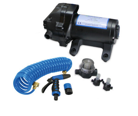 MAZUZEE 5.1 washdown pump kit with high-pressure pump, coiled hose, trigger spray gun, and filter. Designed for marine and RV use. Provides powerful deck and equipment cleaning with corrosion-resistant components suitable for saltwater environments.