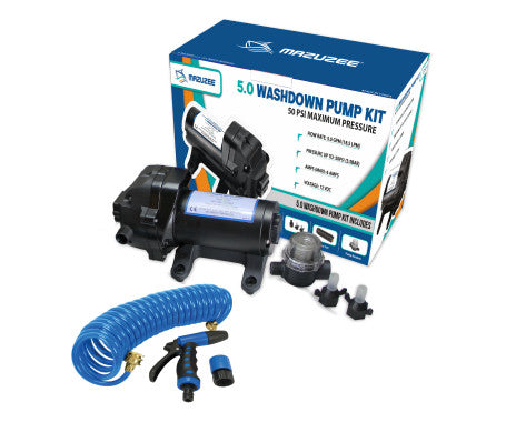 MAZUZEE 5.1 washdown pump kit with high-pressure pump, coiled hose, trigger spray gun, and filter. Designed for marine and RV use. Provides powerful deck and equipment cleaning with corrosion-resistant components suitable for saltwater environments.
