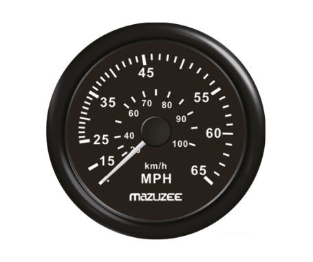MAZUZEE marine speedometer with black and white dial, 65 MPH range, and waterproof casing. Designed for boats and watercraft, it features a corrosion-resistant body and analogue display for accurate speed measurement in marine environments.

