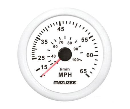 MAZUZEE marine speedometer with black and white dial, 65 MPH range, and waterproof casing. Designed for boats and watercraft, it features a corrosion-resistant body and analogue display for accurate speed measurement in marine environments.

