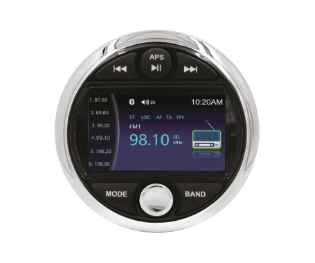 MAZUZEE MZBMS-1 200W Bluetooth Marine MP5 Stereo with LCD display, IP66 waterproof rating, USB/AUX inputs, and AM/FM radio. A rugged square stereo system designed for boats, ATVs, and outdoor vehicles, offering reliable wireless audio and easy dashboard installation.