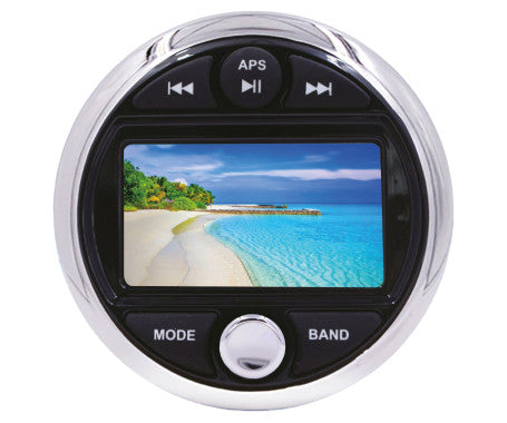 MAZUZEE MZBMS-1 200W Bluetooth Marine MP5 Stereo with LCD display, IP66 waterproof rating, USB/AUX inputs, and AM/FM radio. A rugged square stereo system designed for boats, ATVs, and outdoor vehicles, offering reliable wireless audio and easy dashboard installation.