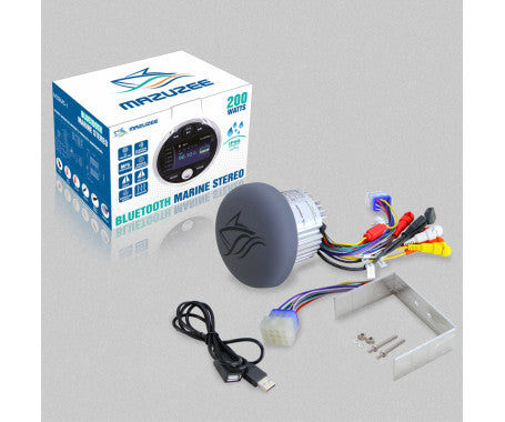 MAZUZEE MZBMS-1 200W Bluetooth Marine MP5 Stereo with LCD display, IP66 waterproof rating, USB/AUX inputs, and AM/FM radio. A rugged square stereo system designed for boats, ATVs, and outdoor vehicles, offering reliable wireless audio and easy dashboard installation.