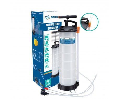 MAZUZEE Manual Fluid Extractor with 4 to 6.5 litres capacity. Designed for easy and efficient fluid extraction in automotive and marine maintenance. Portable and user-friendly, perfect for oil changes, brake fluid, and other fluid removal tasks.