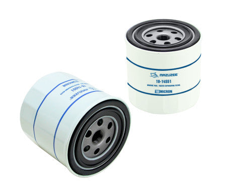 MAZUZEE 10-micron marine fuel/water separator with die-cast aluminum filter head. Spin-on design for easy maintenance. Removes 99% water and 90% particulates. OEM compatible with Mercury, Aqua Power, Sierra, and more. Ideal for gasoline and diesel marine engines.