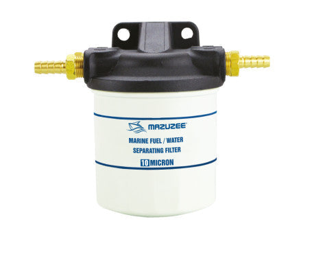 MAZUZEE 10-micron marine fuel/water separator with die-cast aluminum filter head. Spin-on design for easy maintenance. Removes 99% water and 90% particulates. OEM compatible with Mercury, Aqua Power, Sierra, and more. Ideal for gasoline and diesel marine engines.