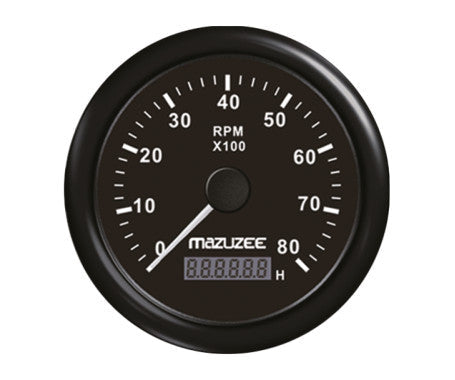 MAZUZEE 8000 RPM marine tachometer with 85mm cut-out, waterproof casing, and black/white analogue display. Ideal for boats and yachts, this durable plastic and steel gauge provides accurate RPM readings for marine engines.