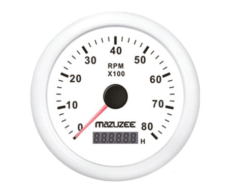 MAZUZEE 8000 RPM marine tachometer with 85mm cut-out, waterproof casing, and black/white analogue display. Ideal for boats and yachts, this durable plastic and steel gauge provides accurate RPM readings for marine engines.

