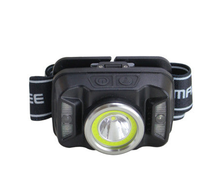MAZUZEE Rechargeable LED Sensor Head Lamp MZHLR-03 – hands-free lighting with motion sensor, USB recharge, adjustable headband, and waterproof build. Perfect for marine applications, night work, and outdoor use. Available at Rimal Marine.