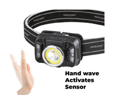 MAZUZEE Rechargeable LED Sensor Head Lamp MZHLR-03 – hands-free lighting with motion sensor, USB recharge, adjustable headband, and waterproof build. Perfect for marine applications, night work, and outdoor use. Available at Rimal Marine.