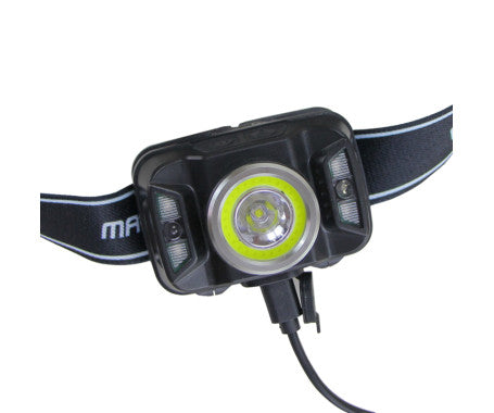 MAZUZEE Rechargeable LED Sensor Head Lamp MZHLR-03 – hands-free lighting with motion sensor, USB recharge, adjustable headband, and waterproof build. Perfect for marine applications, night work, and outdoor use. Available at Rimal Marine.