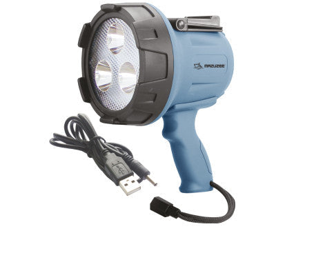 MAZUZEE Rechargeable Spotlight MZRCS-01, a portable, high-lumen spotlight with rechargeable battery, designed for marine and outdoor applications with rugged, weather-resistant housing. Available in Rimal Marine.