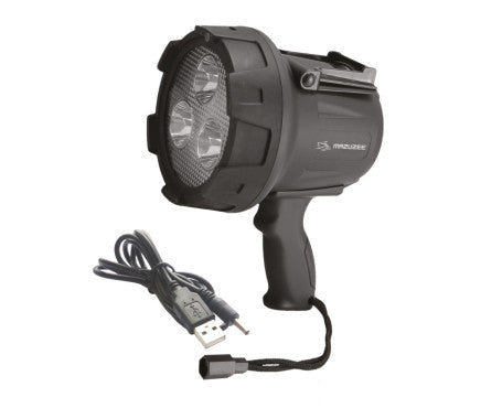 MAZUZEE Rechargeable Spotlight MZRCS-02, featuring powerful illumination, rechargeable battery, and rugged marine-grade construction for dependable use on boats and outdoors. Available in Rimal Marine.