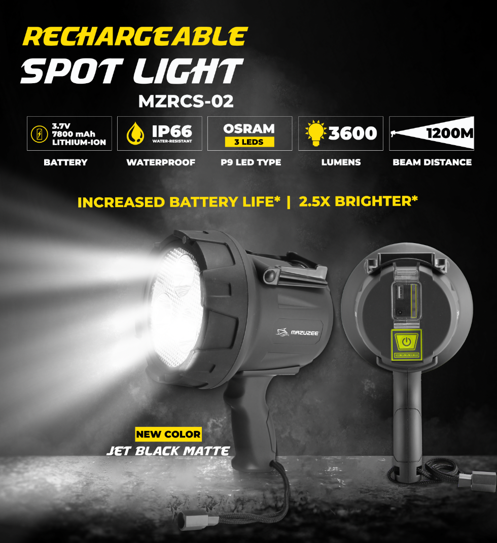 MAZUZEE Rechargeable Spotlight MZRCS-02, featuring powerful illumination, rechargeable battery, and rugged marine-grade construction for dependable use on boats and outdoors. Available in Rimal Marine.

