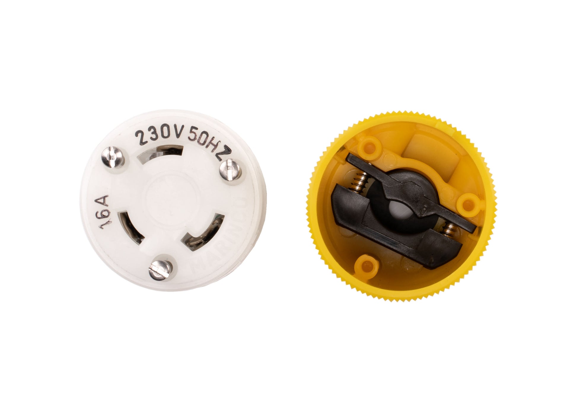 Marinco female shore power connector rated 16A at 230V 50 Hz. Marine-grade design built to resist corrosion and weather. Used to safely connect shore power for boats and yachts, ensuring reliable electrical performance in harsh marine environments.