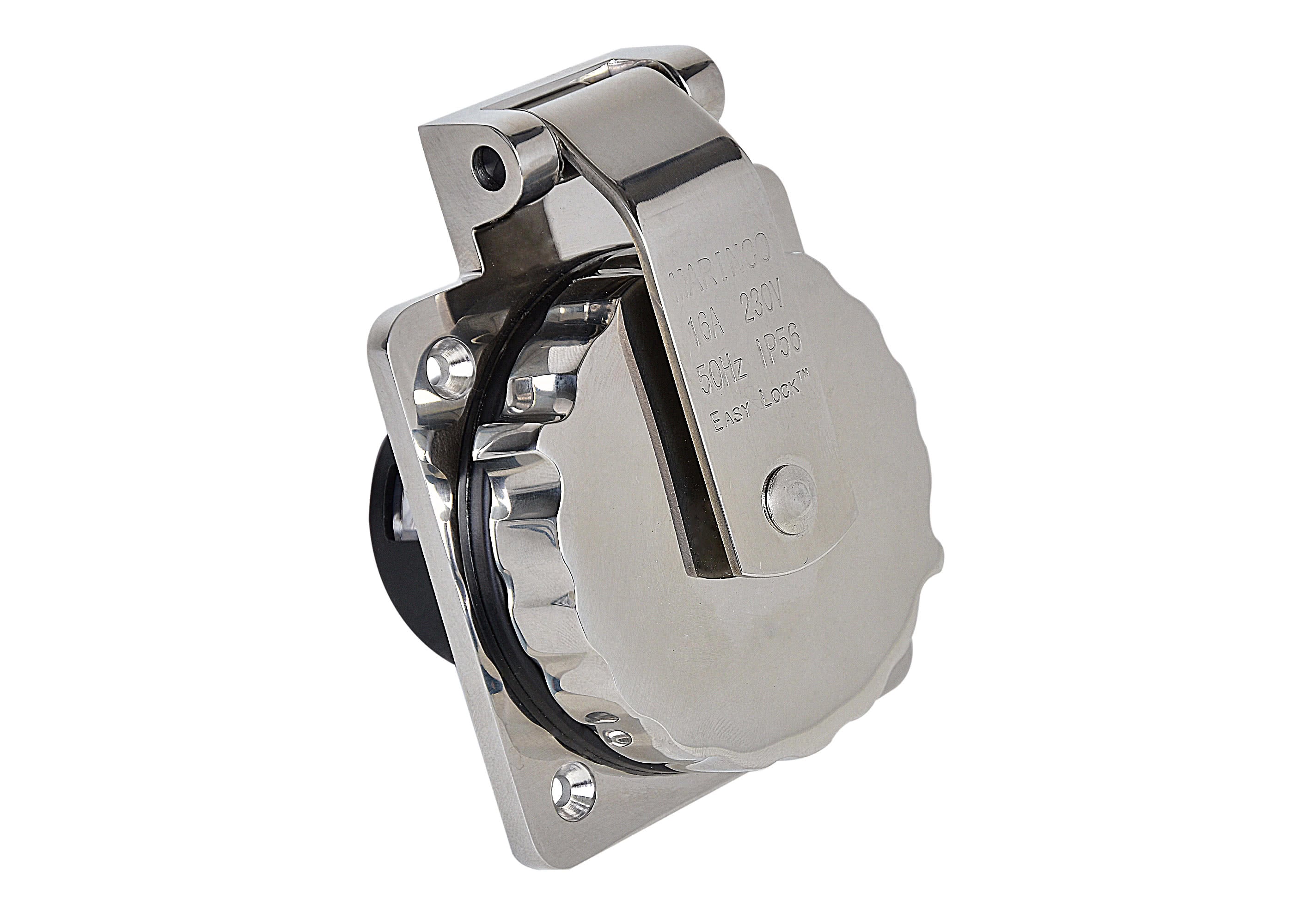Marinco stainless steel shore power inlet rated 16A 230 V 50 Hz. Marine-grade corrosion-resistant housing ensures weatherproof and reliable power connection for boats and yachts. Ideal for harsh maritime environments needing durable inlet solutions.

