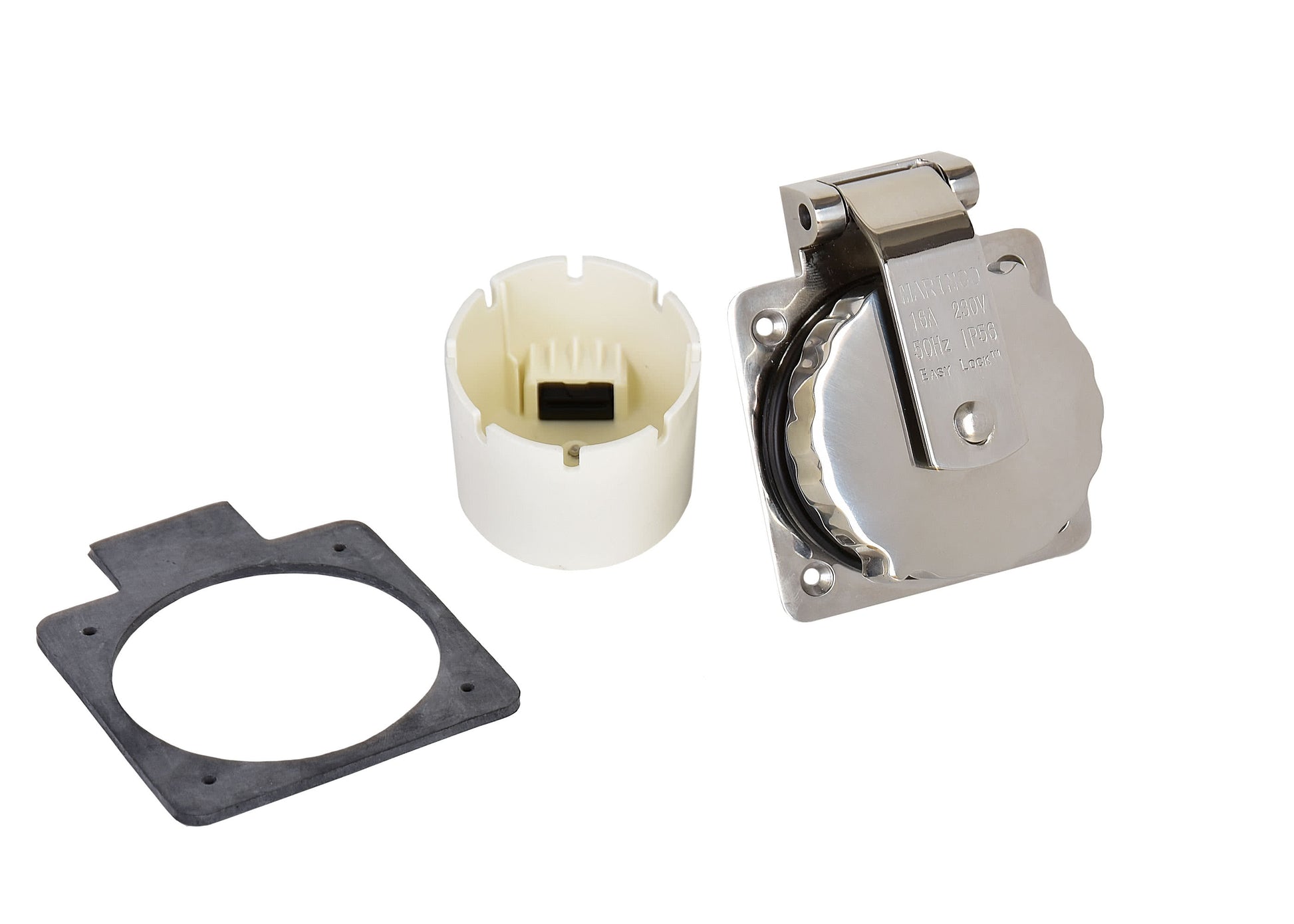 Marinco stainless steel shore power inlet rated 16A 230 V 50 Hz. Marine-grade corrosion-resistant housing ensures weatherproof and reliable power connection for boats and yachts. Ideal for harsh maritime environments needing durable inlet solutions.

