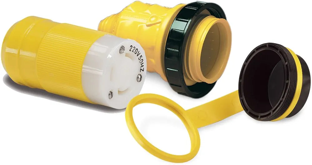 Marinco shore power connector kit with 32A 230V female connector, featuring a weatherproof threaded cover and watertight cap. Ideal for marine use, providing a secure, sealed, and corrosion-resistant shore power connection for boats and RVs.

