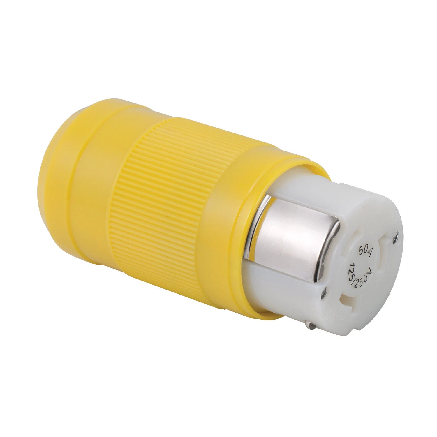 Marinco 6364CRN female shore power connector, rated 50A 125/250V, with 4-wire 3-pole setup. Features robust, corrosion-resistant construction and secure connection for marine and RV shore power applications. Suitable for safe and reliable power connections in harsh environments.

