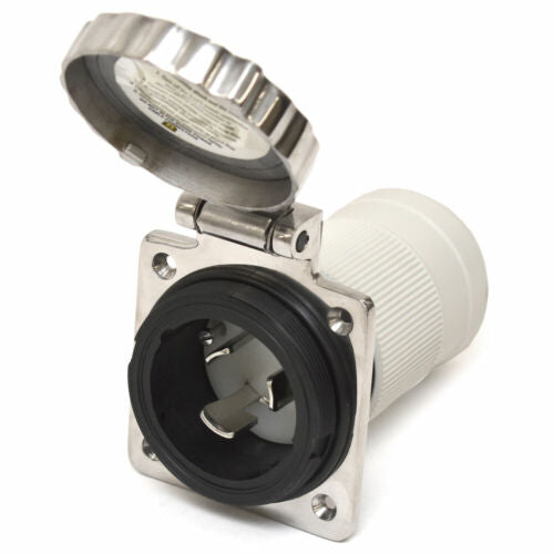 Marinco 6371EL-BX marine-grade shore power inlet, 32A 230V 50Hz, with a robust stainless steel housing. Designed for boats and marine vessels requiring a durable, corrosion-resistant power inlet for safe and weatherproof shore power connections.