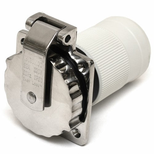 Marinco 6371EL-BX marine-grade shore power inlet, 32A 230V 50Hz, with a robust stainless steel housing. Designed for boats and marine vessels requiring a durable, corrosion-resistant power inlet for safe and weatherproof shore power connections.
