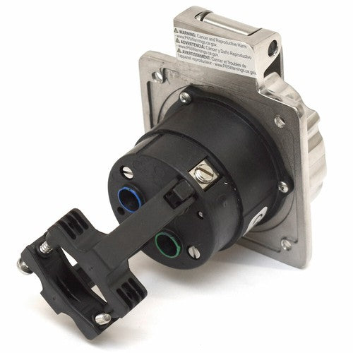 Marinco 6371EL-BX marine-grade shore power inlet, 32A 230V 50Hz, with a robust stainless steel housing. Designed for boats and marine vessels requiring a durable, corrosion-resistant power inlet for safe and weatherproof shore power connections.