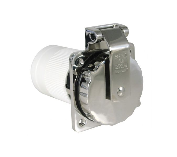 Marinco 6373EL-B shore power inlet, 50A 125/250V, 4-wire, featuring a corrosion-resistant stainless steel body and rear safety enclosure. Designed for marine and RV use, providing secure and durable shore power connections with enhanced safety and protection.