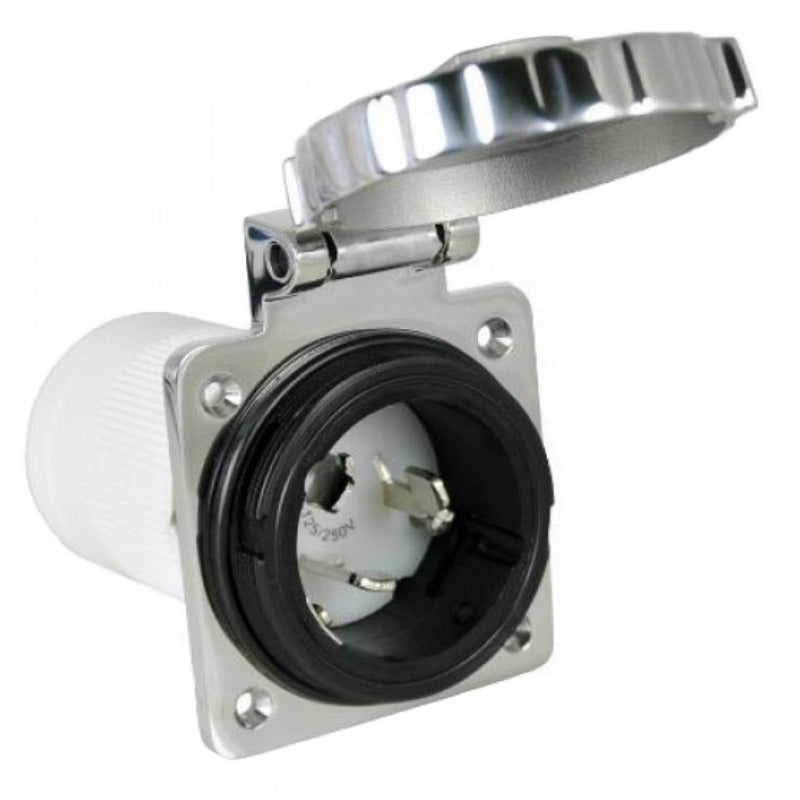 Marinco 6373EL-B shore power inlet, 50A 125/250V, 4-wire, featuring a corrosion-resistant stainless steel body and rear safety enclosure. Designed for marine and RV use, providing secure and durable shore power connections with enhanced safety and protection.