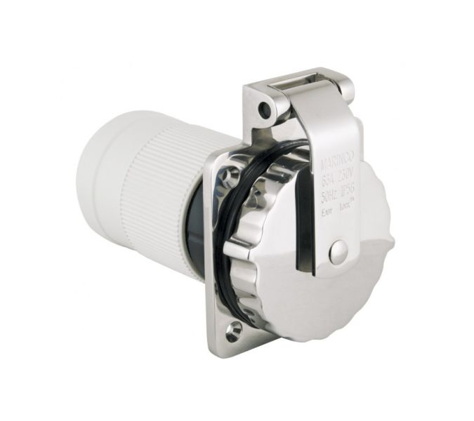Marinco 6401EL-BX shore power inlet, 63A 230V 3-wire 1-phase locking type. Features corrosion-resistant body with secure locking collar for marine shore power connection. Designed for boats, yachts, and marine systems requiring dependable power input.