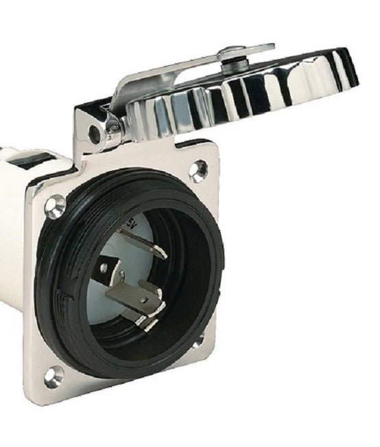 Marinco 6401EL-BX shore power inlet, 63A 230V 3-wire 1-phase locking type. Features corrosion-resistant body with secure locking collar for marine shore power connection. Designed for boats, yachts, and marine systems requiring dependable power input.