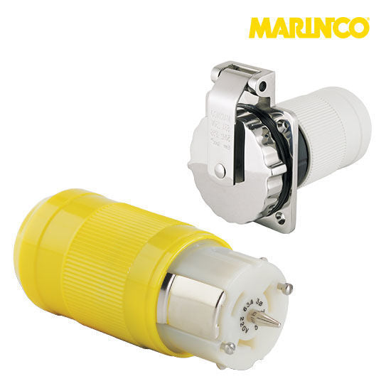 Marinco 6402CRCX female shore power connector, 4-wire 3-phase, rated 63A at 230V. Features a durable, corrosion-resistant body and locking ring for secure electrical connections. Designed for harsh marine environments on yachts, marinas, and commercial vessels.

