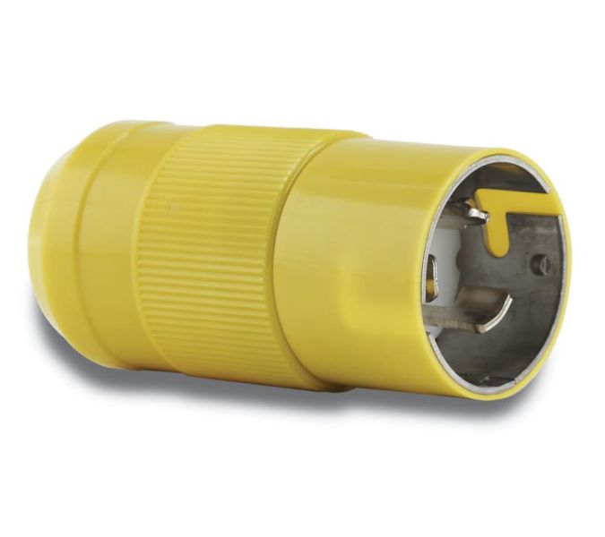 Marinco 6402CRPX shore power male plug with 4-wire, 3-phase configuration, rated at 63A and 230V. Durable marine-grade build with locking collar system for secure connection. Designed for reliable shore power connection in boats, marinas, and commercial marine systems.