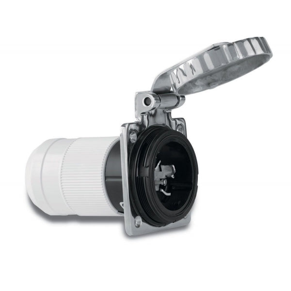 Marinco 6402EL-BX 63A 230V shore power inlet with 4-wire, 3-phase configuration. Marine-grade build with corrosion-resistant materials and a locking ring interface. Designed for secure shore power connections on boats, yachts, and marine electrical systems.

