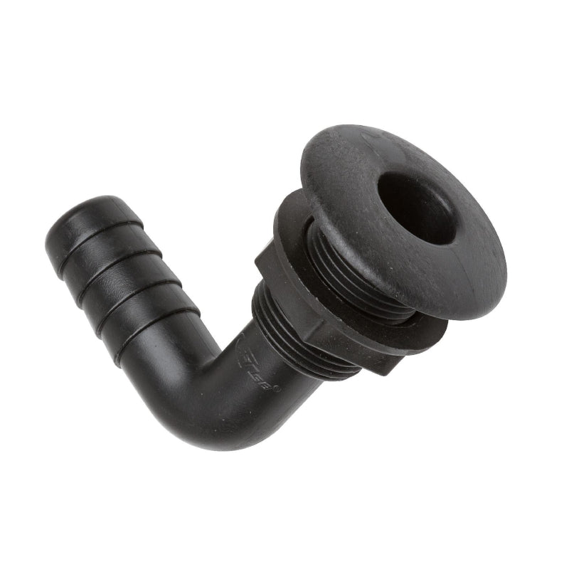 Marine 90-degree thru-hull drain socket with right-angle discharge, designed for efficient drainage on boats and yachts. Made from UV-stable, corrosion-resistant material for long-lasting performance in saltwater environments. Ideal for bilge, sink, and deck water drainage.