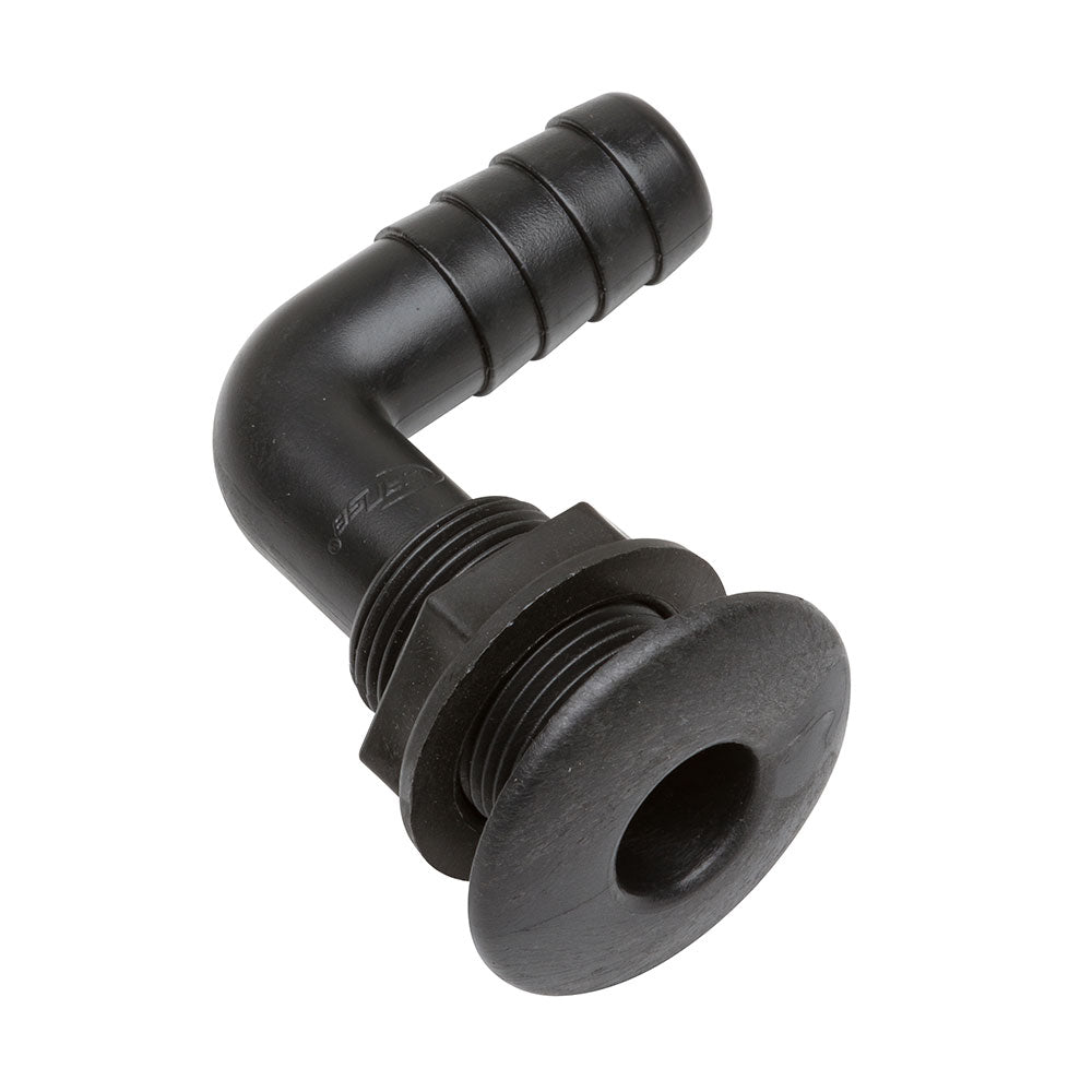 Marine 90-degree thru-hull drain socket with right-angle discharge, designed for efficient drainage on boats and yachts. Made from UV-stable, corrosion-resistant material for long-lasting performance in saltwater environments. Ideal for bilge, sink, and deck water drainage.
