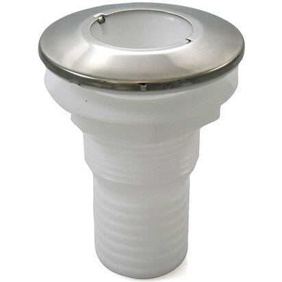 Marine skin fitting made from tough UV-resistant plastic with a polished stainless steel cap. Designed for thru-hull installations on boats and yachts. Provides a secure, corrosion-resistant solution for water intake or drainage in harsh saltwater environments.
