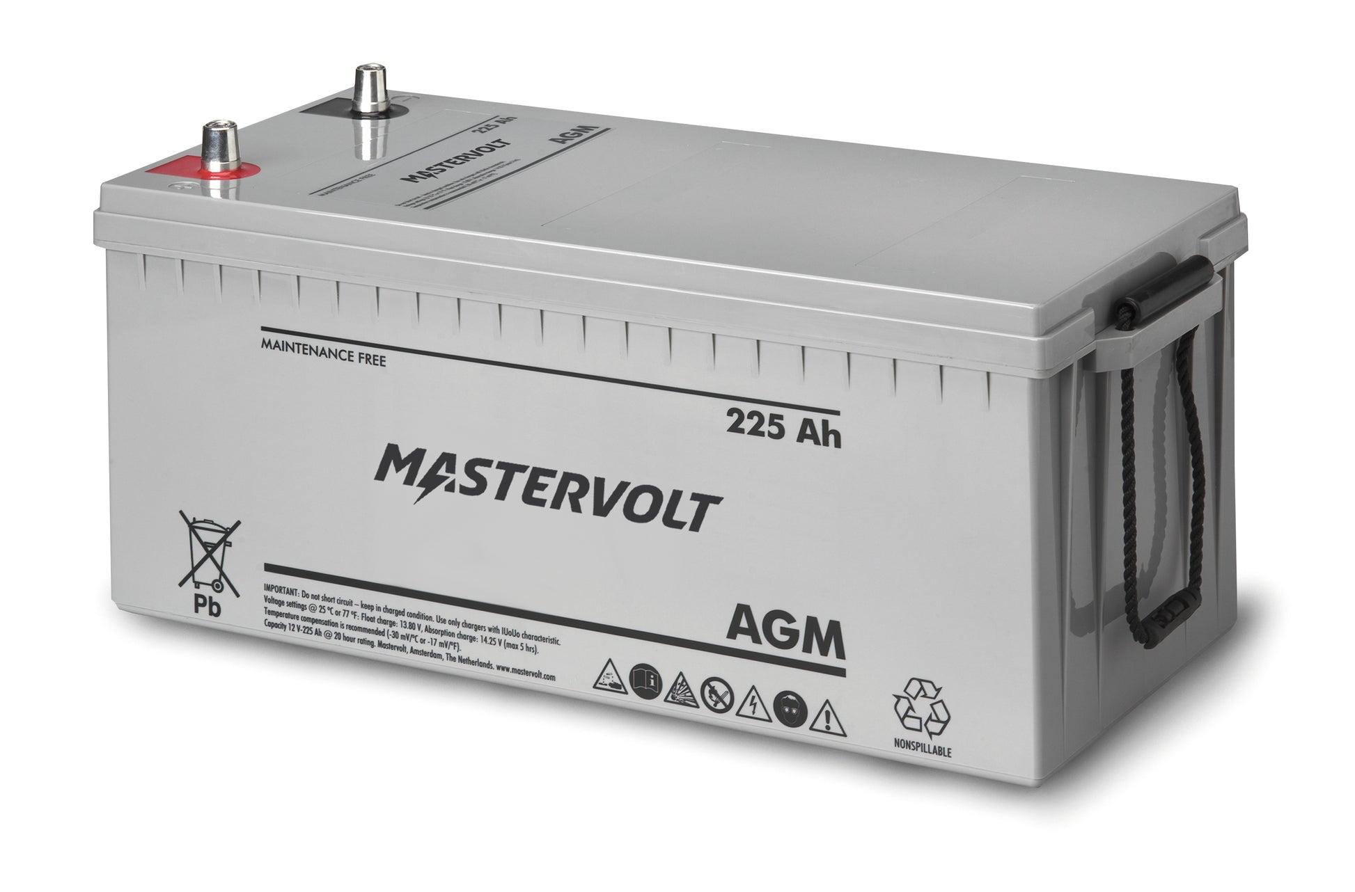 Mastervolt AGM 12V 225Ah deep cycle battery designed for marine, RV, and off-grid energy systems. Offers maintenance-free operation, long service life, fast recharging, and excellent performance under vibration and load. High-capacity solution for reliable and robust power storage.