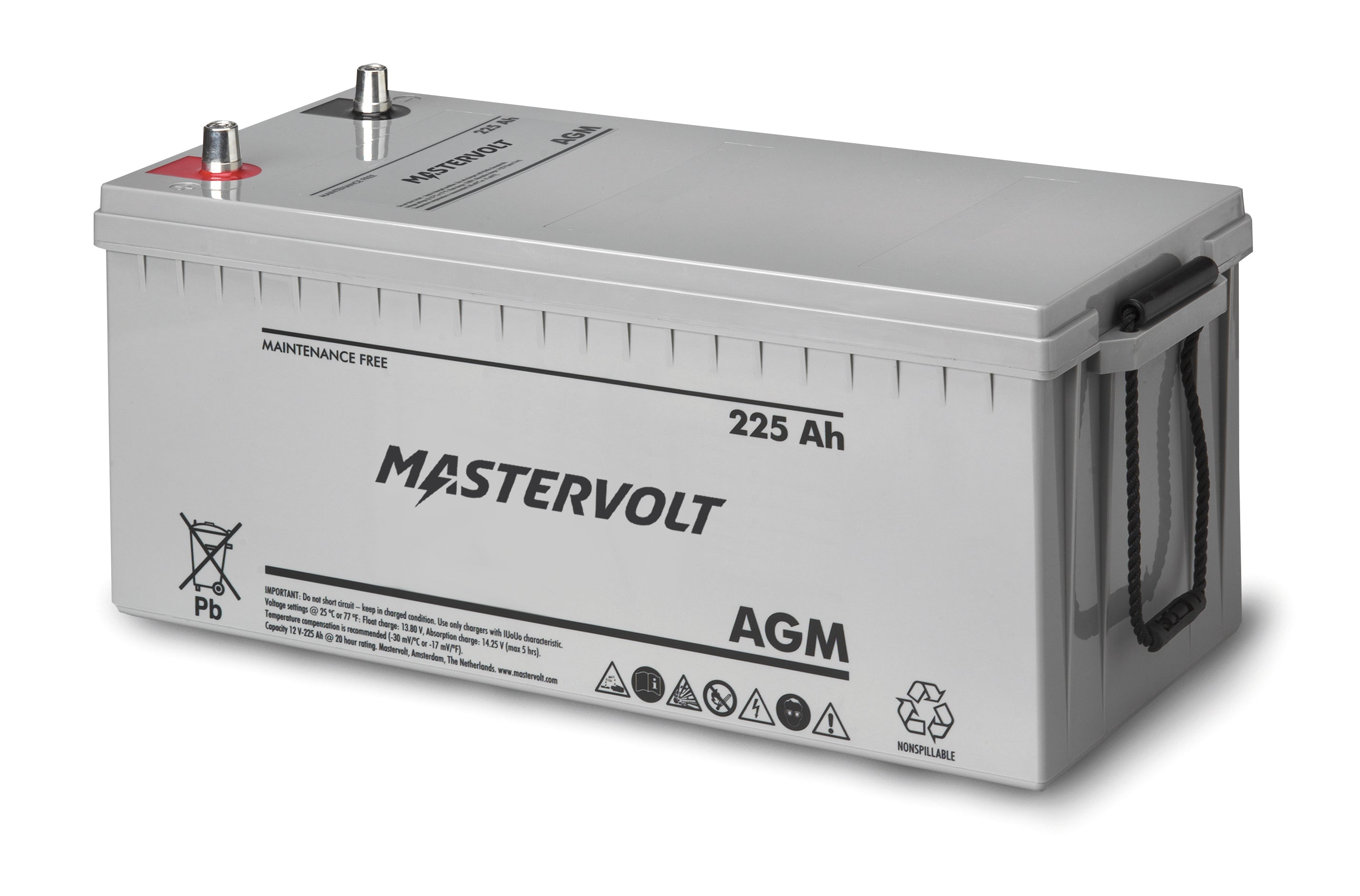 Mastervolt AGM 12V 225Ah deep cycle battery designed for marine, RV, and off-grid energy systems. Offers maintenance-free operation, long service life, fast recharging, and excellent performance under vibration and load. High-capacity solution for reliable and robust power storage.