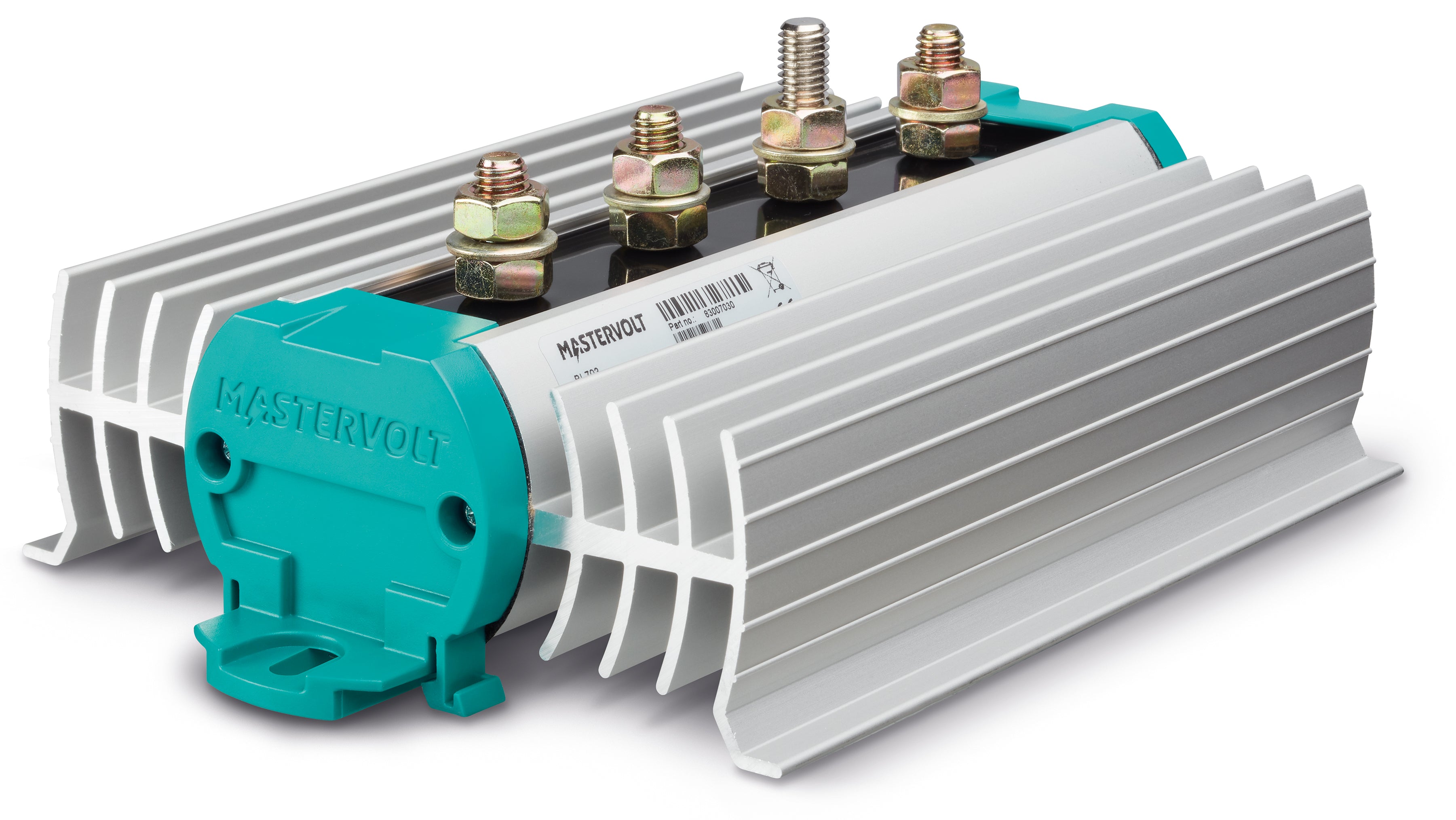 Mastervolt BI 703 battery isolator designed for charging three battery banks from one alternator or charger. Features solid-state isolation to prevent battery discharge between banks while minimizing voltage loss. Perfect for marine and mobile multi-battery applications.