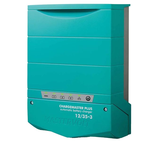 Mastervolt ChargeMaster Plus 12/35‑3 battery charger with three isolated 35 A outputs, LED display, rugged blue casing, and auto-ranging 90–265 V AC input. Smart multi‑stage charging for marine, RV, and off‑grid battery systems via MasterBus/CZone networks.

