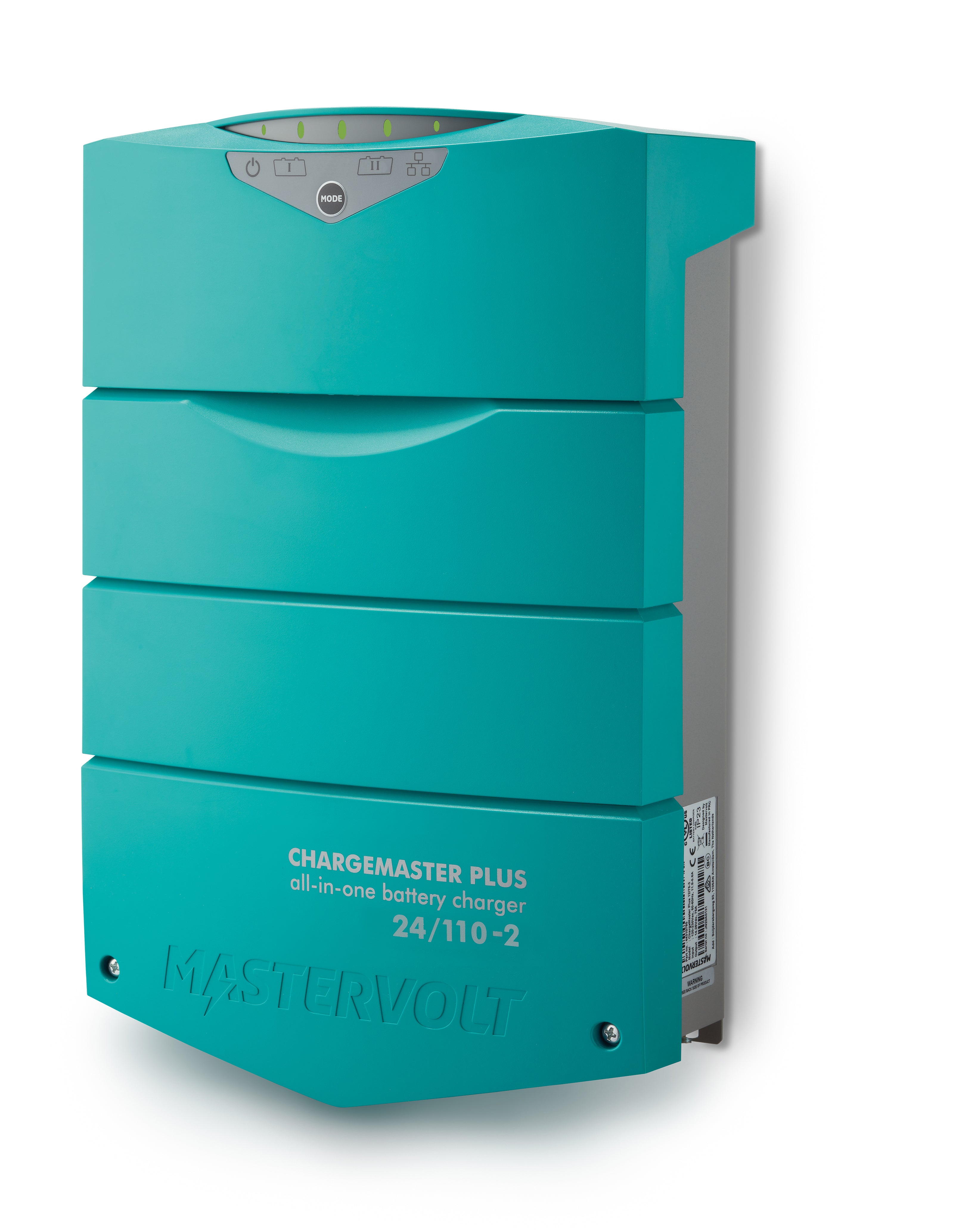 Mastervolt ChargeMaster Plus 24/110‑2 battery charger with 24 V DC input, two isolated outputs delivering up to 110 A, and rugged casing. Includes auto-ranging AC input, LED indicators, and support for MasterBus, CZone®, and NMEA 2000 networks for integrated system monitoring