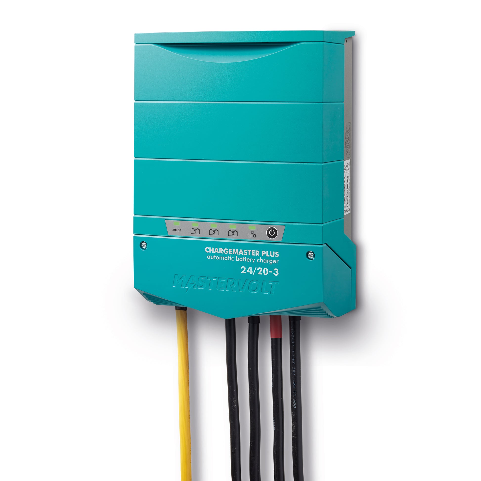 Mastervolt ChargeMaster Plus 24 V 20 A 3‑bank battery charger featuring CZone, MasterBus, and NMEA 2000 compatibility. Includes three isolated outputs, LED display, adaptive multi-stage 3‑step+ charge, auto-ranging 120–275 V input, and rugged marine-grade build.