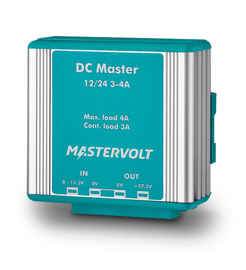 Mastervolt DC Master 12/24-3A non-isolated converter, designed for efficient voltage conversion between 12V and 24V systems. Features continuous output of 3A and peak output of 4A for 2-minute intervals. Ideal for marine, RV, and off-grid applications requiring stable power distribution. Compact and reliable design.

