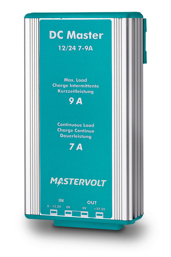 Mastervolt DC Master 12/24-7A non-isolated converter, designed for efficient voltage conversion between 12V and 24V systems. Features continuous output of 7A and peak output of 9A, ideal for marine, RV, and off-grid applications requiring stable power distribution. Compact and reliable design.

