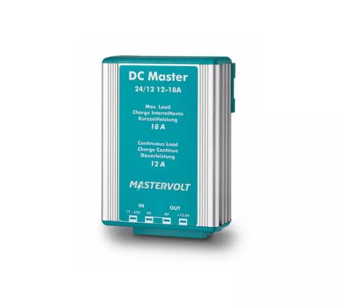 Mastervolt DC Master 24/12-12A non-isolated converter, designed for efficient voltage conversion from 24V to 13.6V systems. Features continuous output of 12A and peak output of 18A for 2-minute intervals. Ideal for marine, RV, and off-grid applications requiring stable power distribution. Compact and reliable design.