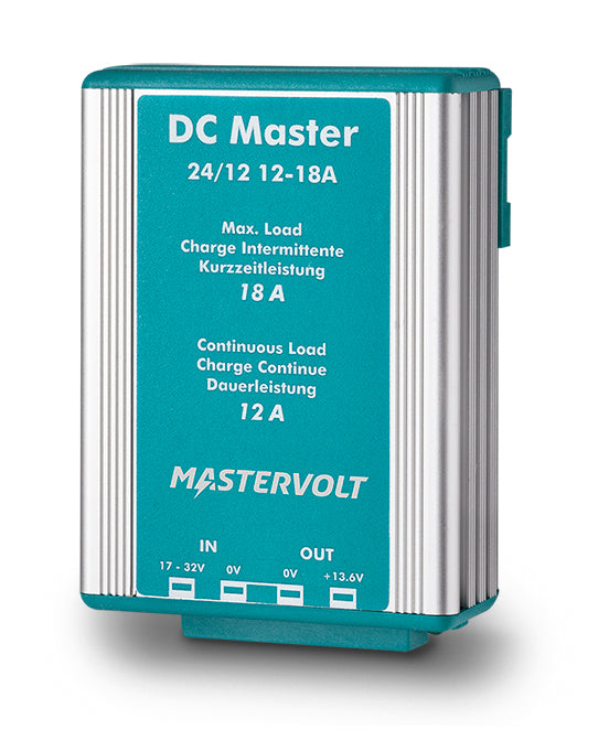 Mastervolt DC Master 24/12-12A non-isolated converter, designed for efficient voltage conversion from 24V to 13.6V systems. Features continuous output of 12A and peak output of 18A for 2-minute intervals. Ideal for marine, RV, and off-grid applications requiring stable power distribution. Compact and reliable design.