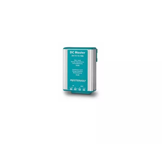 Mastervolt DC Master 24/12-12A non-isolated converter, designed for efficient voltage conversion from 24V to 13.6V systems. Features continuous output of 12A and peak output of 18A for 2-minute intervals. Ideal for marine, RV, and off-grid applications requiring stable power distribution. Compact and reliable design.