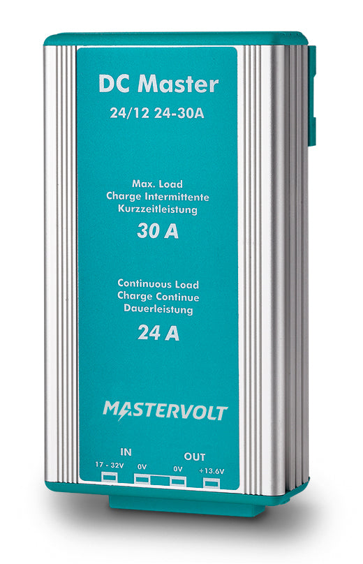 Mastervolt DC Master 24/12-24A non-isolated converter, designed for efficient voltage conversion from 24V to 13.6V systems. Features continuous output of 24A and peak output of 30A for 2-minute intervals. Ideal for marine, RV, and off-grid applications requiring stable power distribution. Compact and reliable design.

