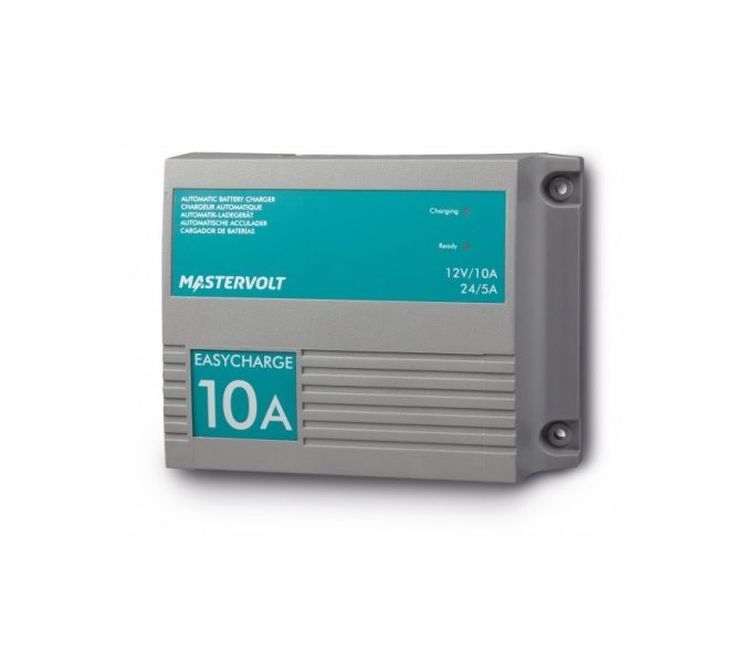 Mastervolt EasyCharge battery charger capable of 10 A (12 V) or 5 A (24 V) output. Small, lightweight and automatic multi-stage charger with LED status lights and reverse-polarity protection. Ideal for maintaining 12 V and 24 V batteries in marine, RV, and vehicle use.