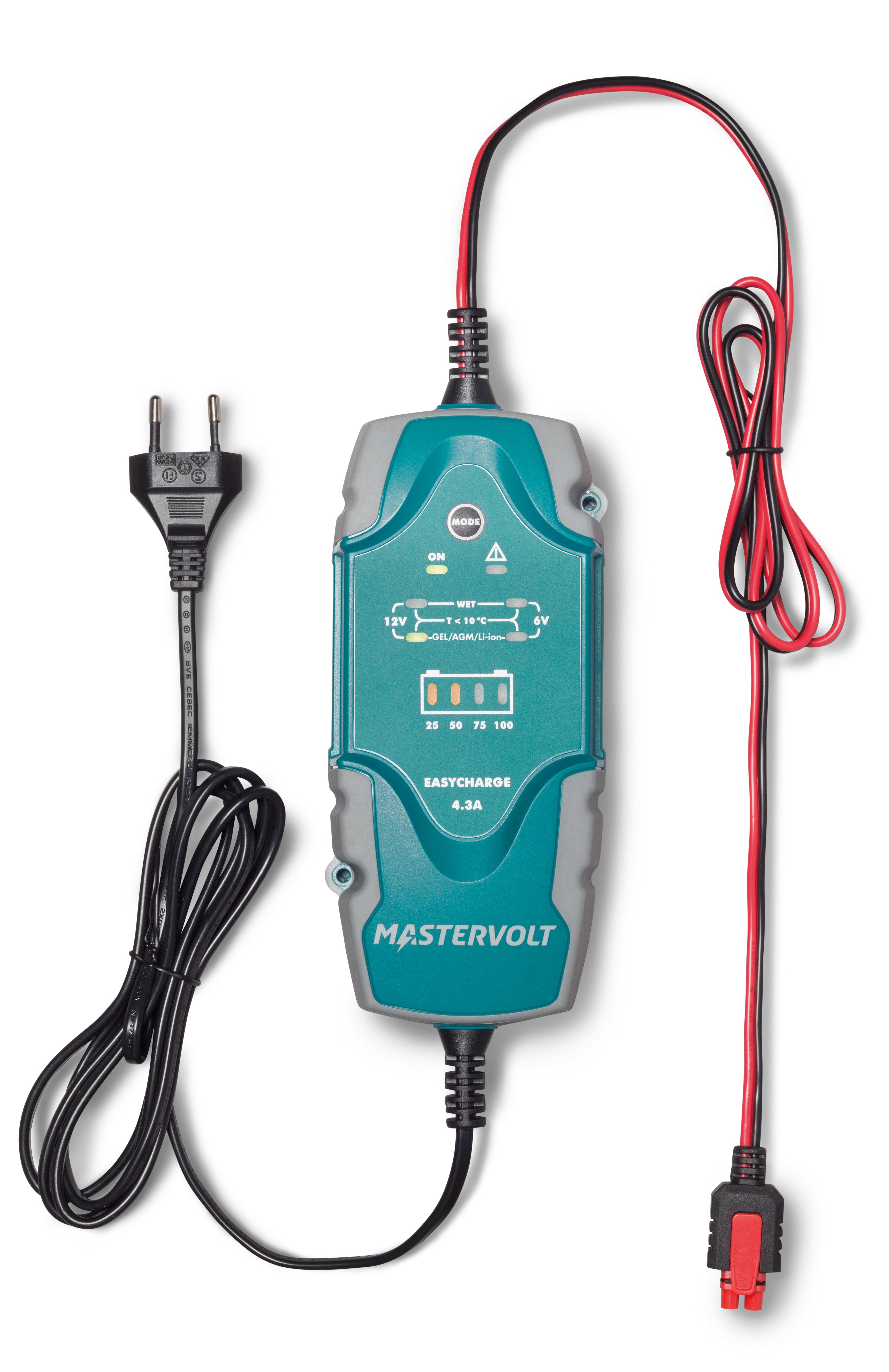 Mastervolt EasyCharge portable charger with 4.3A output, switchable between 12V and 6V. Compact, lightweight, and weatherproof design ideal for charging small batteries in cars, boats, motorcycles, and more. Features reverse-polarity protection and LED status indicators.

